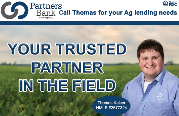 Promotional banner for Partners Bank: 'Your Trusted Partner in the Field' with Thomas Kaiser (NMLS #2677324) standing in a green field.