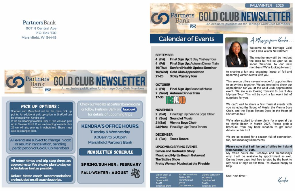 Collage of a Heritage Gold Club newsletter: banner, calendar of events, and member update layouts from Partners Bank.