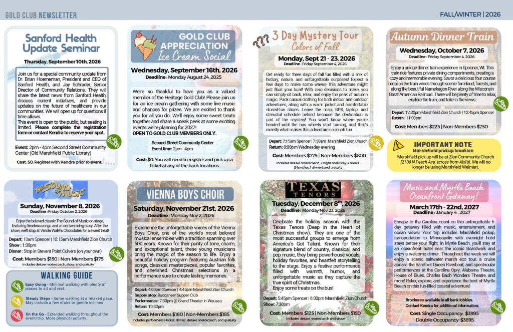 Collage of Gold Club Fall/Winter 2026 event flyers showing seminars, socials, tours, and dinners in a grid layout.