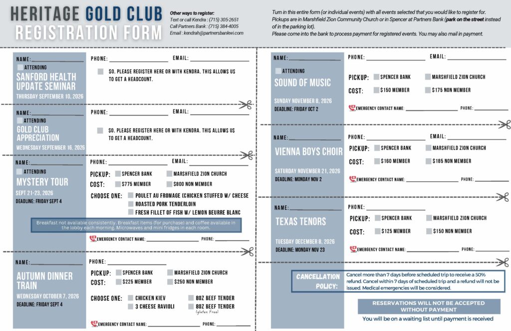 Heritage Gold Club registration form spread across four columns with fields for name, phone, email, event selections and pickup options.