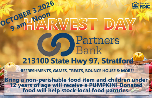 Harvest Day banner for Partners Bank at 213100 State Hwy 97, Stratford, Oct 3, 2026, from 9 am to noon; autumn leaves background with event details and a note to bring non-perishable food items for local food pantries, plus refreshments, games, treats, and a bounce house.