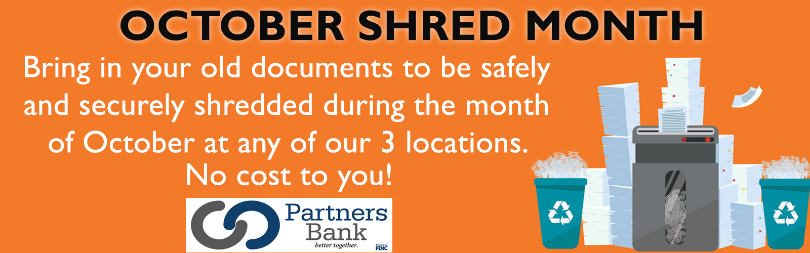 OCTOBER SHRED MONTH banner: shred event text with a paper shredder, stacks of paper, and recycling bins on an orange background.