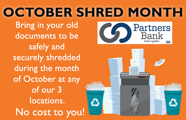 Poster for October Shred Month offering free document shredding at three Partner Bank locations, with a shredder and recycling bins.